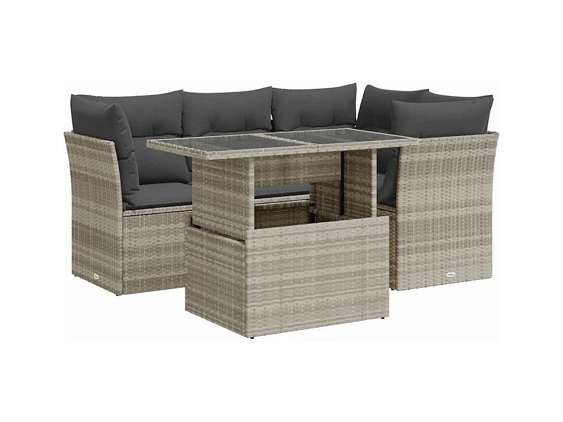 5-delige Loungeset met kussens poly rattan lichtgrijs