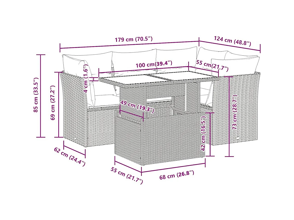 5-delige Loungeset met kussens poly rattan lichtgrijs