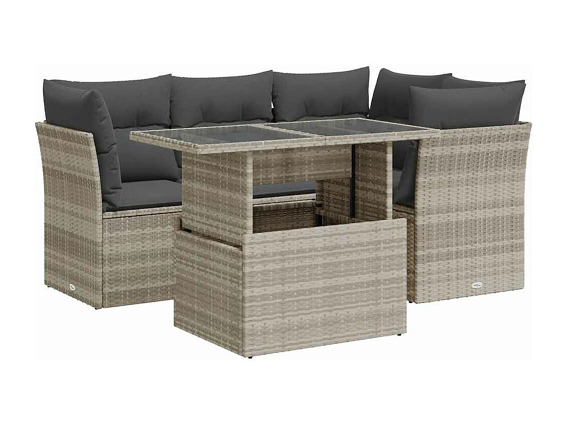 5-tlg. Garten-Sofagarnitur mit Kissen Hellgrau Poly Rattan