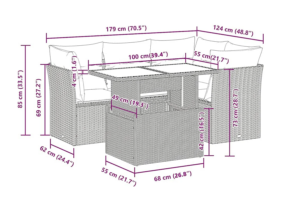 5-tlg. Garten-Sofagarnitur mit Kissen Hellgrau Poly Rattan