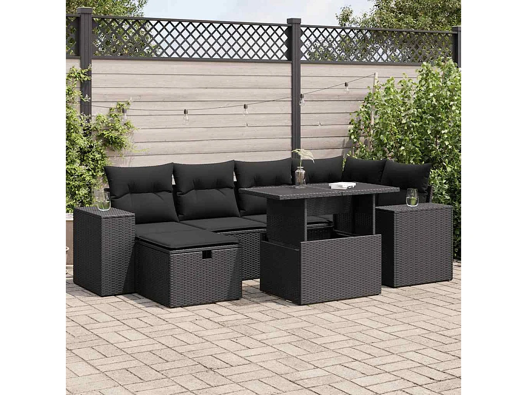 Salon de jardin 8 pcs avec coussins noir résine tressée