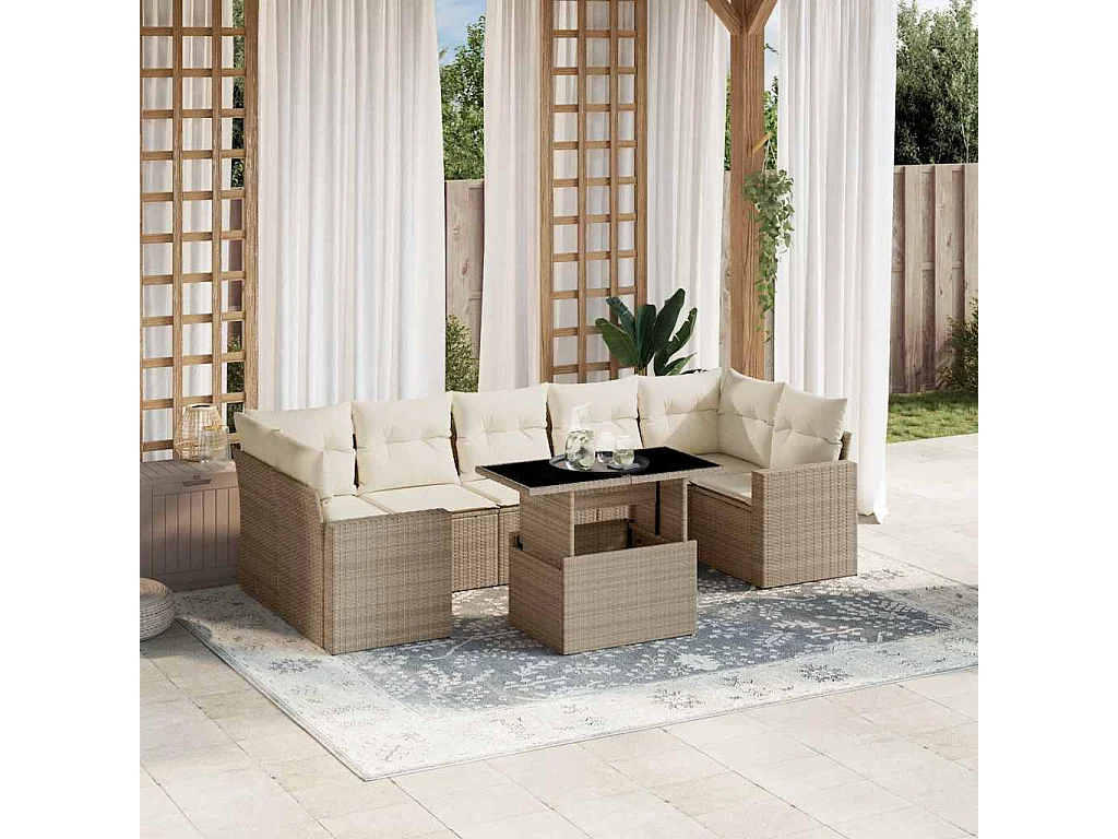 8-tlg. Garten-Sofagarnitur mit Kissen Beige Poly Rattan