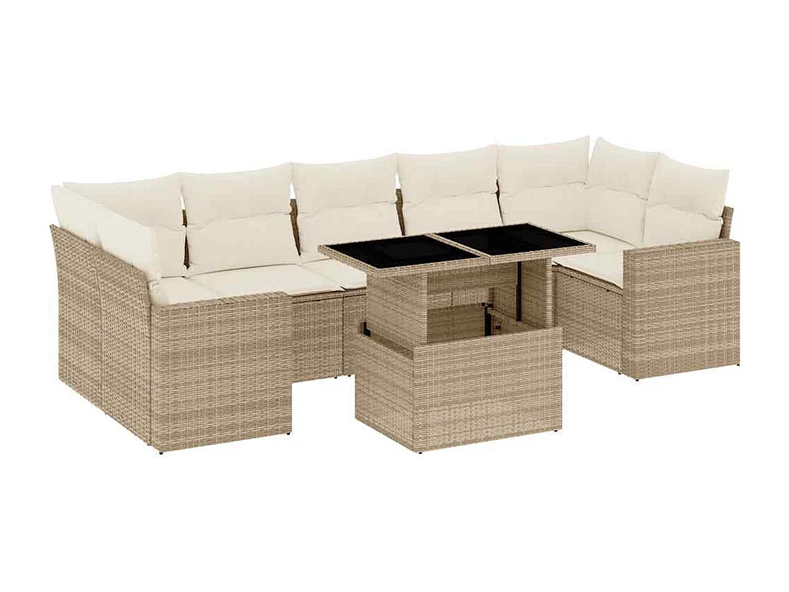 8 pcs conjunto de sofás p/ jardim com almofadões vime PE bege