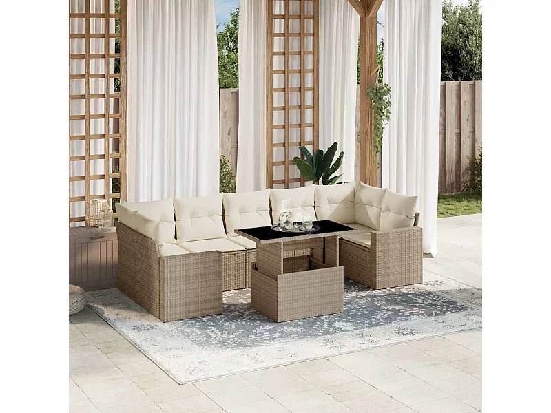 Salon de jardin avec coussins 8 pcs beige résine tressée