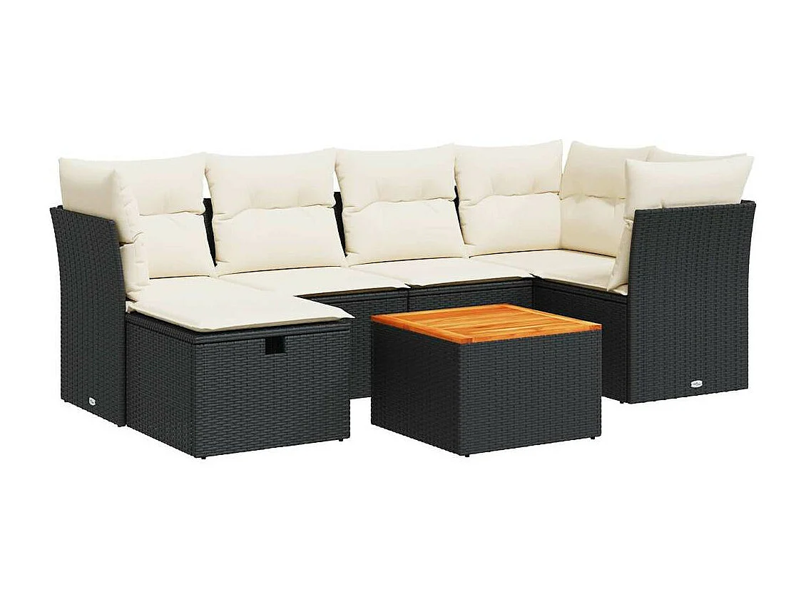 Salon de jardin 7 pcs avec coussins noir résine tressée