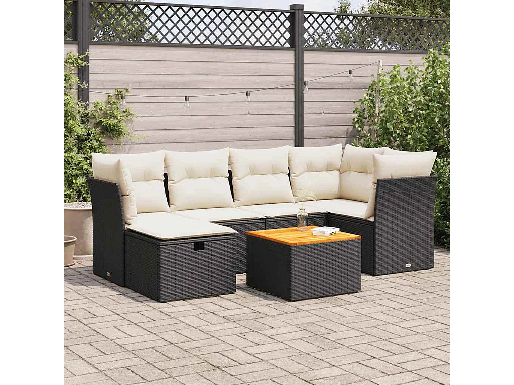 7-tlg. Garten-Sofagarnitur mit Kissen Schwarz Poly Rattan