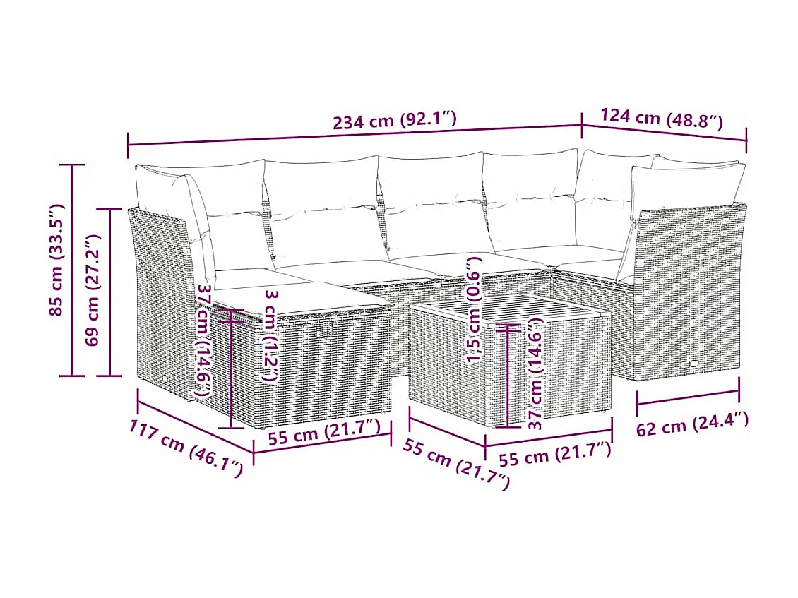 7-tlg. Garten-Sofagarnitur mit Kissen Schwarz Poly Rattan
