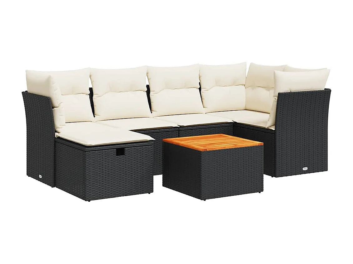 7 pcs conjunto de sofás p/ jardim c/ almofadões vime PE preto