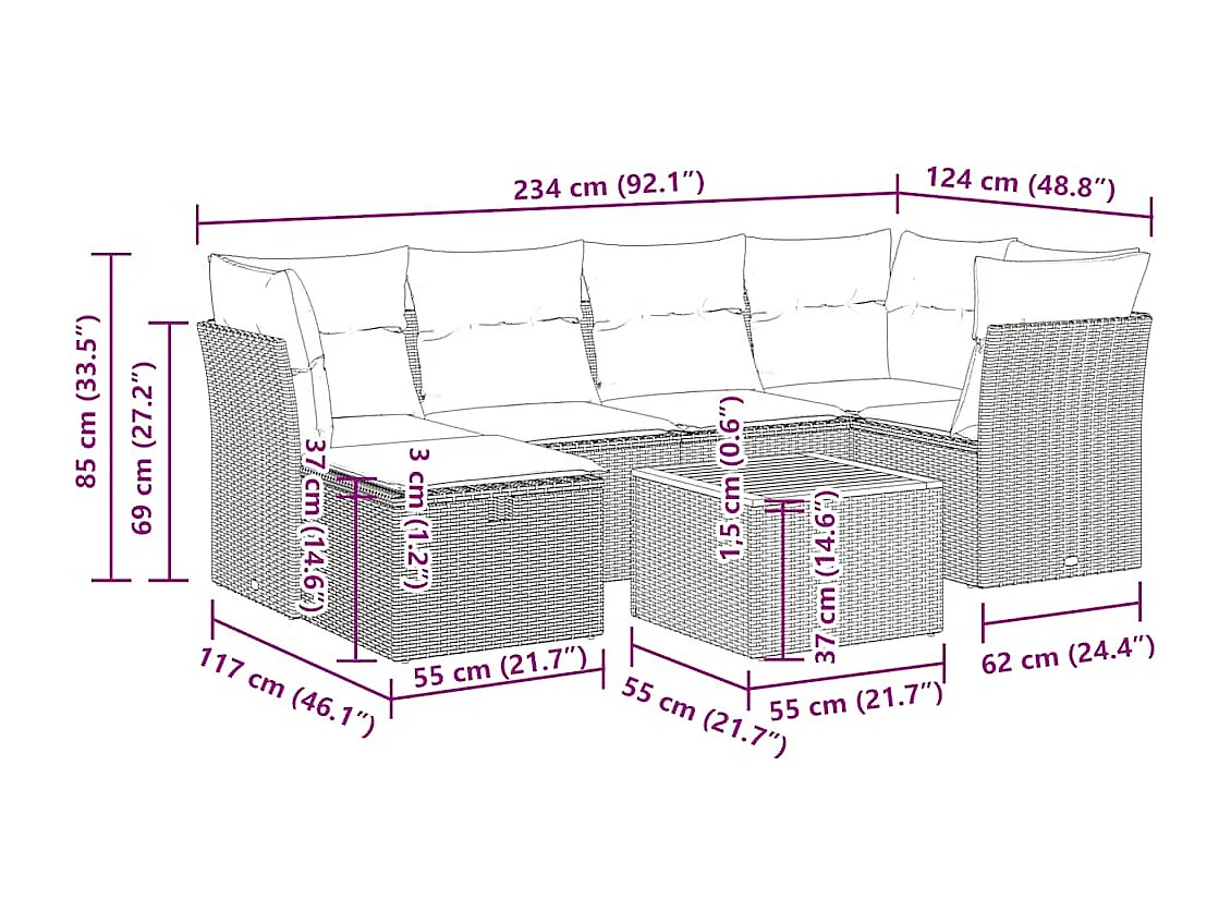 7 pcs conjunto de sofás p/ jardim c/ almofadões vime PE preto
