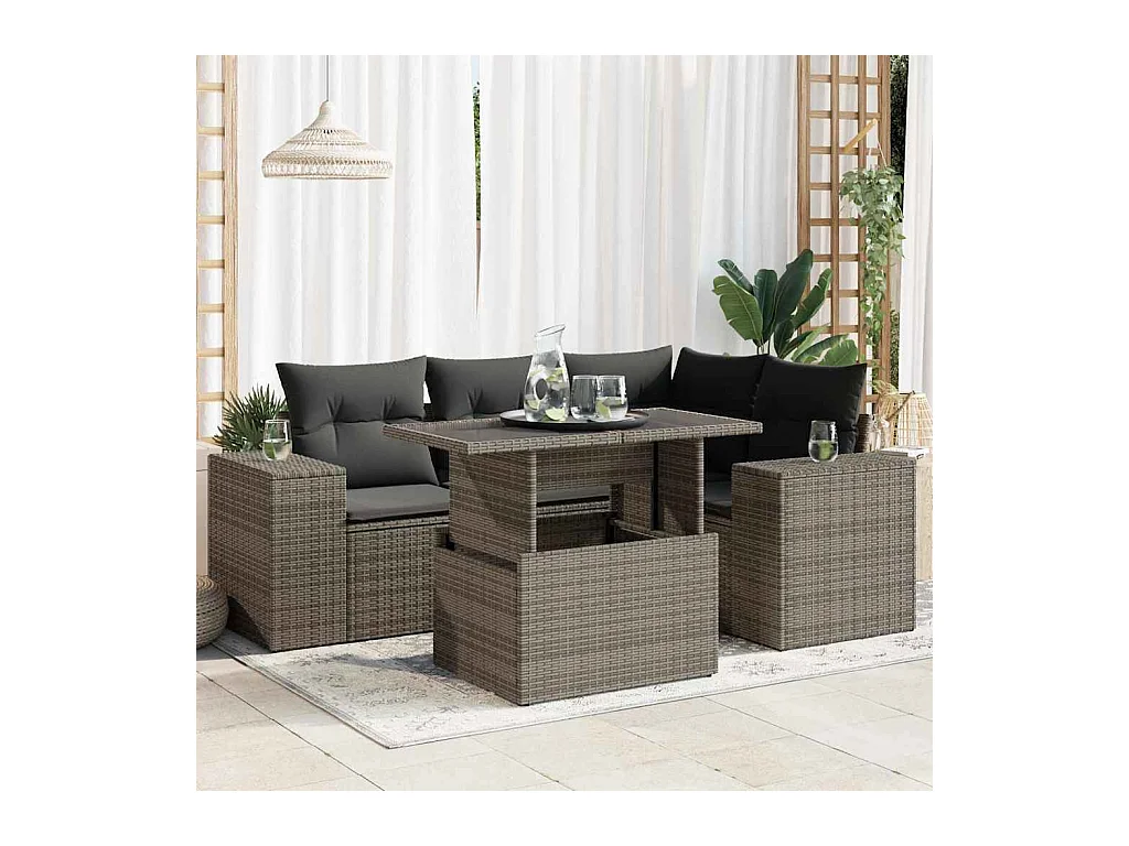 5-tlg. Garten-Sofagarnitur mit Kissen Grau Poly Rattan