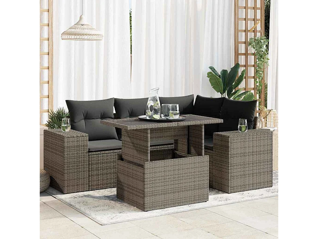 Salon de jardin 5 pcs avec coussins gris résine tressée
