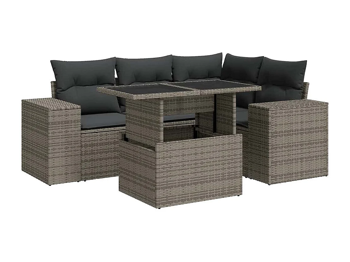Salon de jardin 5 pcs avec coussins gris résine tressée