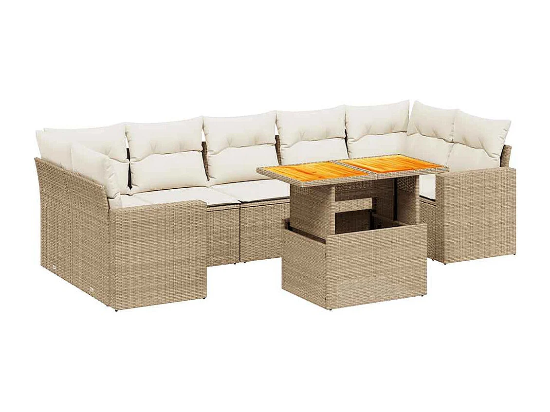 Salon de jardin avec coussins 8 pcs beige résine tressée