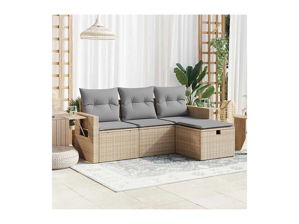 4-tlg. Garten-Sofagarnitur mit Kissen Beige Poly Rattan