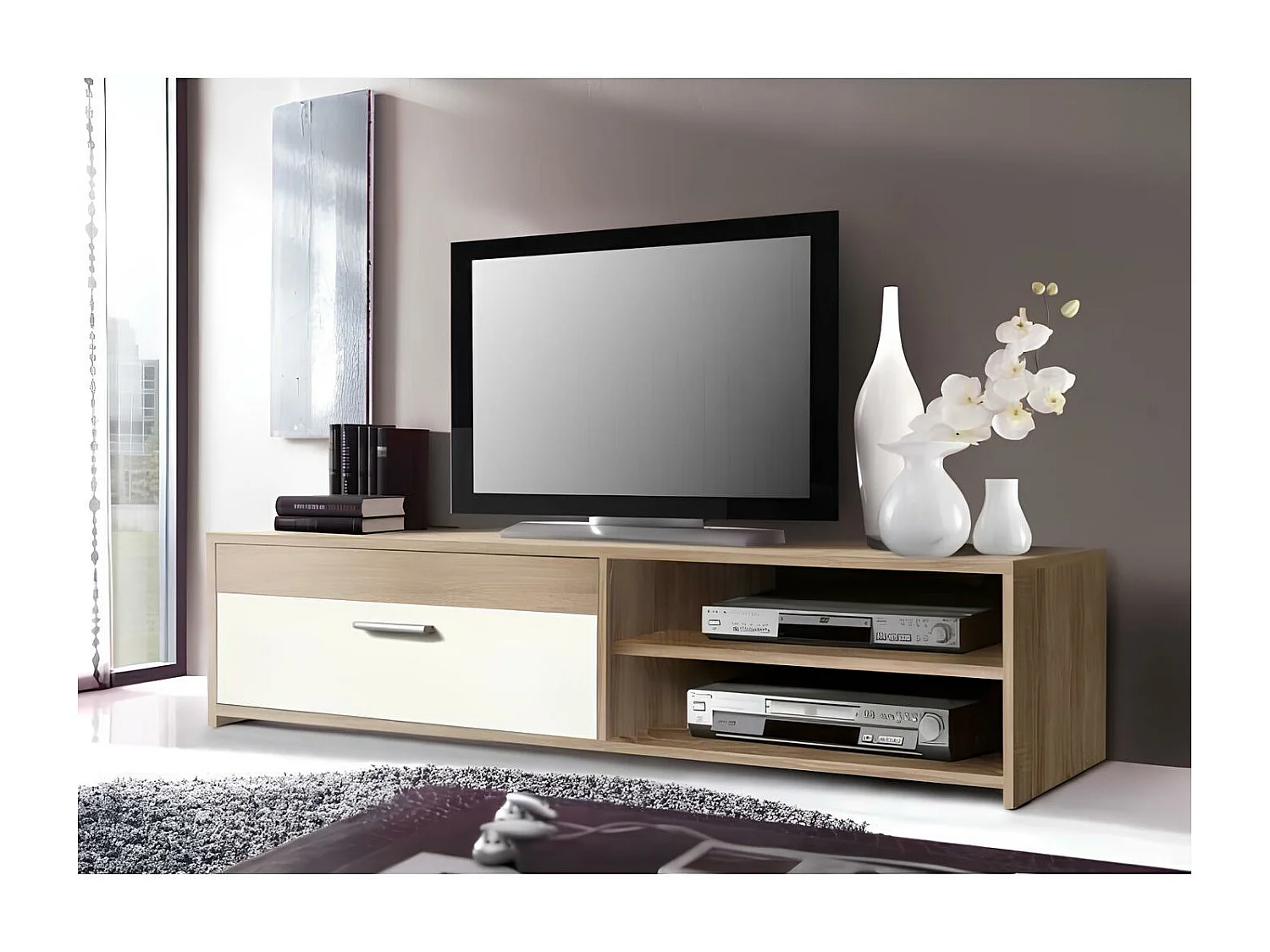 Meuble TV contemporain en mélaminé, décor chêne et blanc, 1 abattant, 2 niches, 120 cm, Pilvi