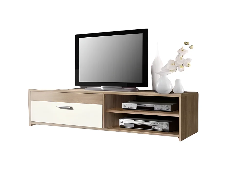 Meuble TV contemporain en mélaminé, décor chêne et blanc, 1 abattant, 2 niches, 120 cm, Pilvi