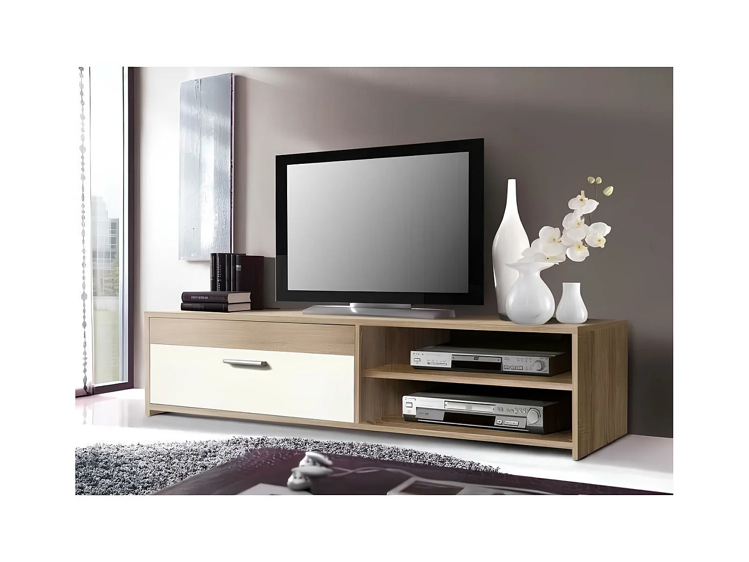 PartikelMelaminTVSchrank – Eiche und Weiß – 1 Klappe + 2 Nischen – 120 x 42 x 32 cm