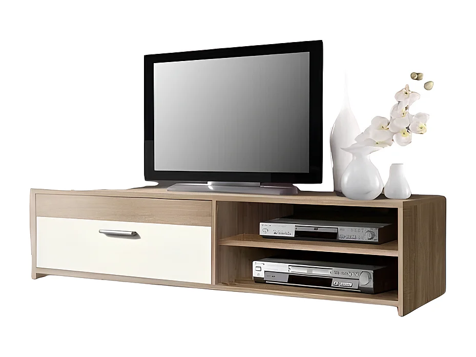 Móvel TV Pilvi 120 cm melaminado carvalho Sonoma e branco, 1 abatível, 2 nichos, design contemporâneo