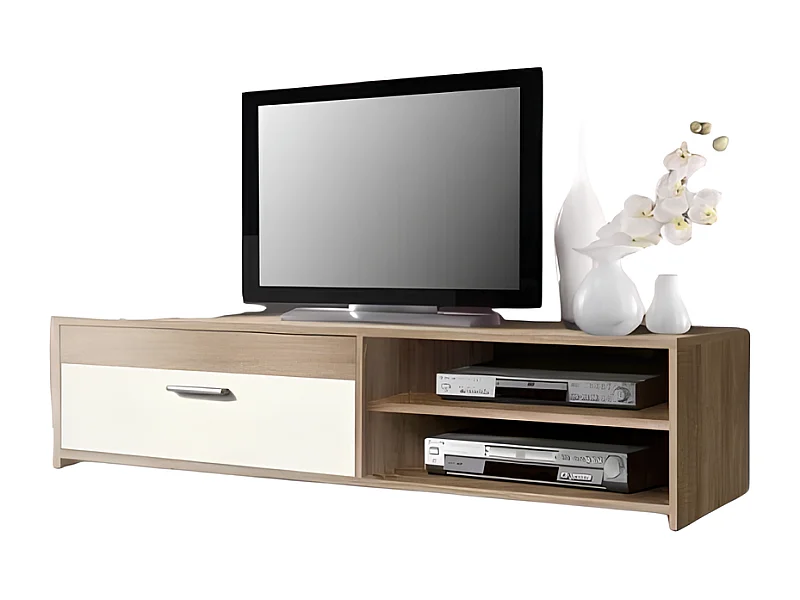 Meuble TV contemporain en mélaminé, décor chêne et blanc, 1 abattant, 2 niches, 120 cm, Pilvi