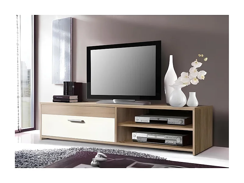 Meuble TV contemporain en mélaminé, décor chêne et blanc, 1 abattant, 2 niches, 120 cm, Pilvi
