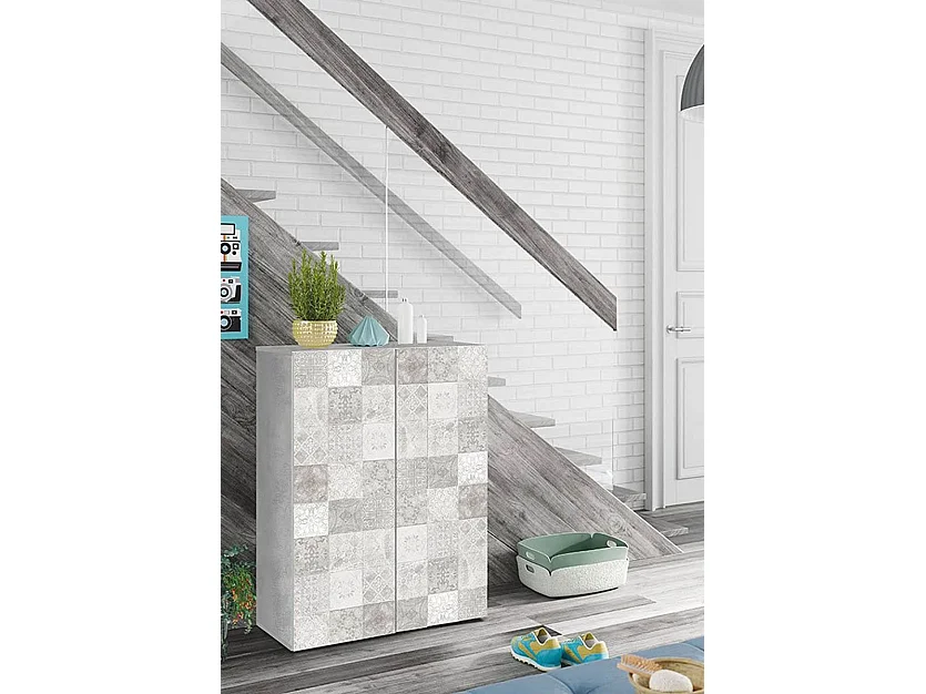 Mueble Zapatero con 6 Estantes de diseño Azulejos y Color imitación Cemento - Dim: 72 cm (Ancho) x 103 cm (Alto) x 36 cm (Fondo)