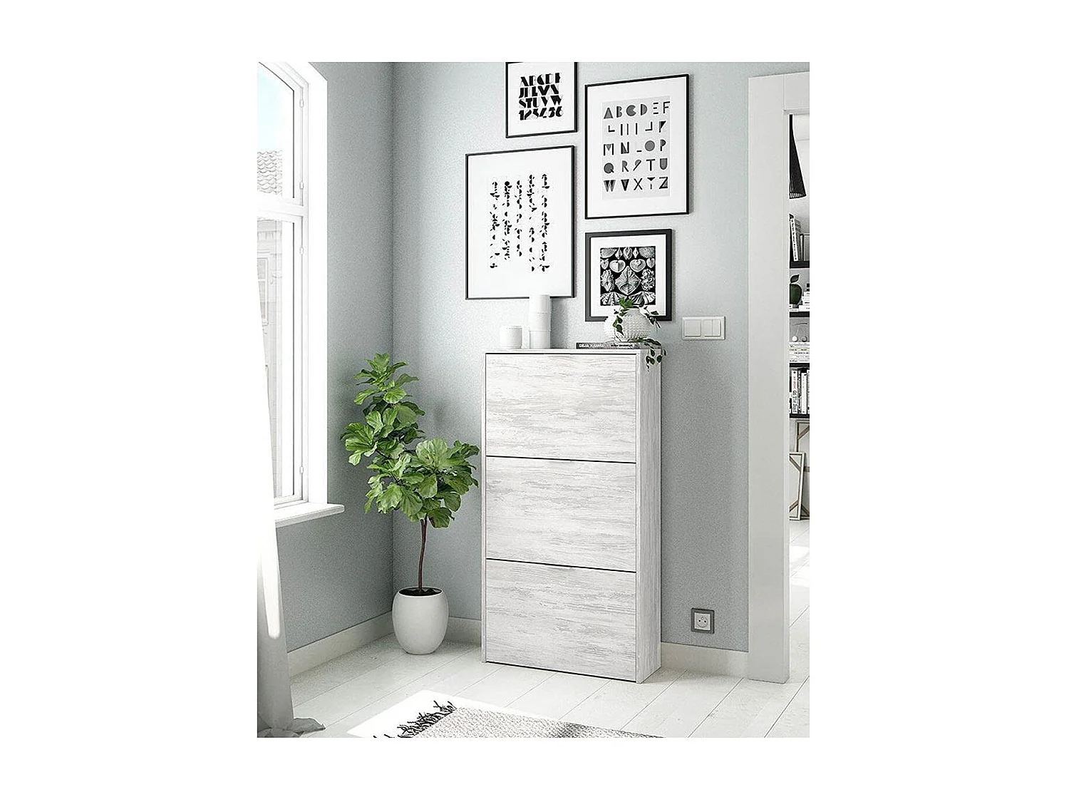 Mueble Zapatero 3 Puertas con Gran Capacidad con Acabado en Color Roble Gris Blanqueado - Dim: 60 cm (Ancho) x 113 cm (Alto) x 22 cm (Fondo)