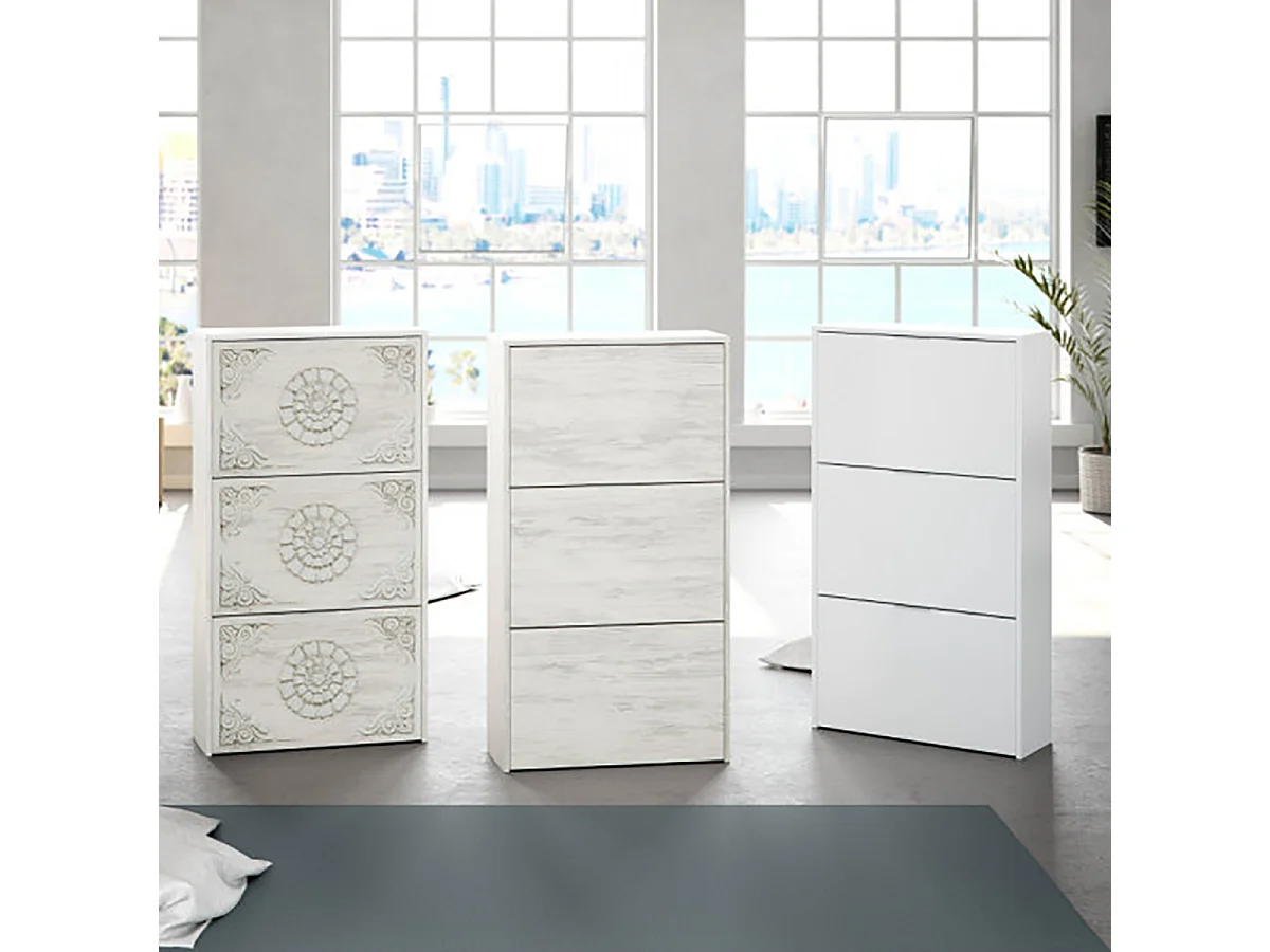 Mueble Zapatero 3 Puertas con Gran Capacidad con Acabado en Color Roble Gris Blanqueado - Dim: 60 cm (Ancho) x 113 cm (Alto) x 22 cm (Fondo)