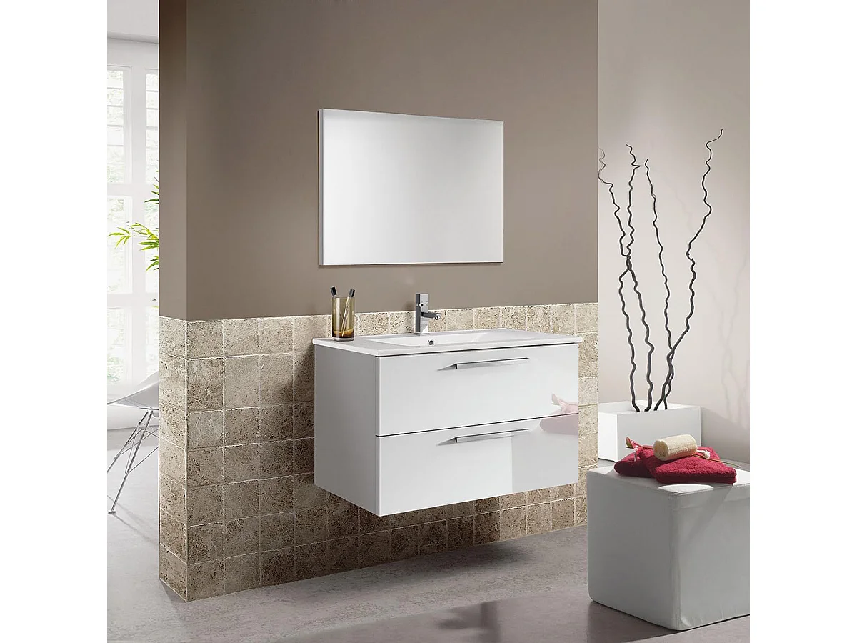 Mueble de Baño Lavabo Suspendido con 2 Cajones y Espejo Acabado en Blanco Brillante - Dim: 80 cm (Ancho) x 57 cm (Alto) x 45 cm (Fondo)
