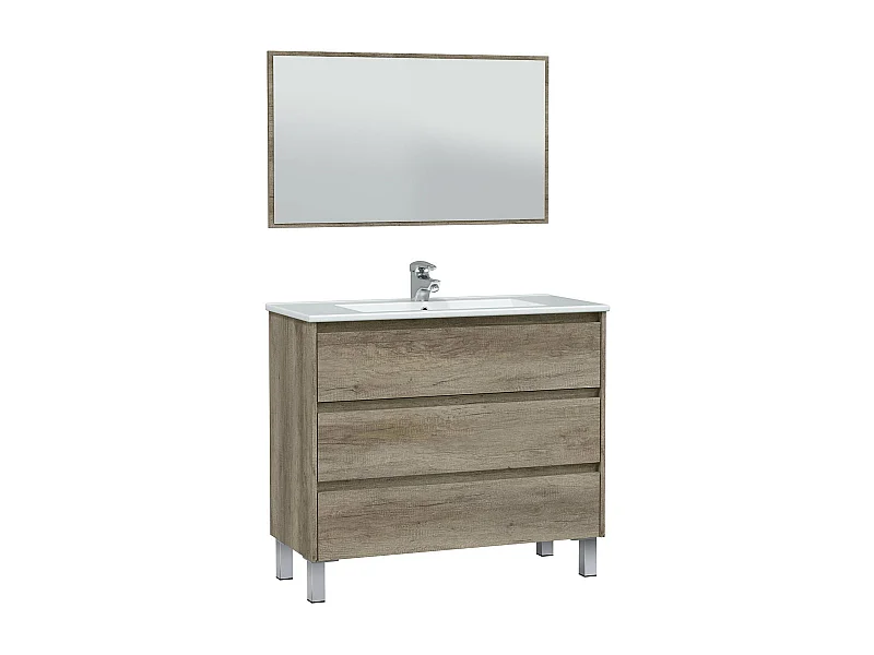Mueble de Baño con 3 Cajones, Patas y Espejo, Modulo Lavabo con Acabado en Nordik - Dim: 100 cm (Ancho) x 86 cm (Alto) x 45 cm (Fondo)