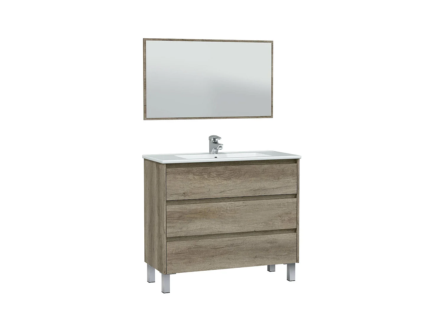 Mueble de Baño con 3 Cajones, Patas y Espejo, Modulo Lavabo con Acabado en Nordik - Dim: 100 cm (Ancho) x 86 cm (Alto) x 45 cm (Fondo)
