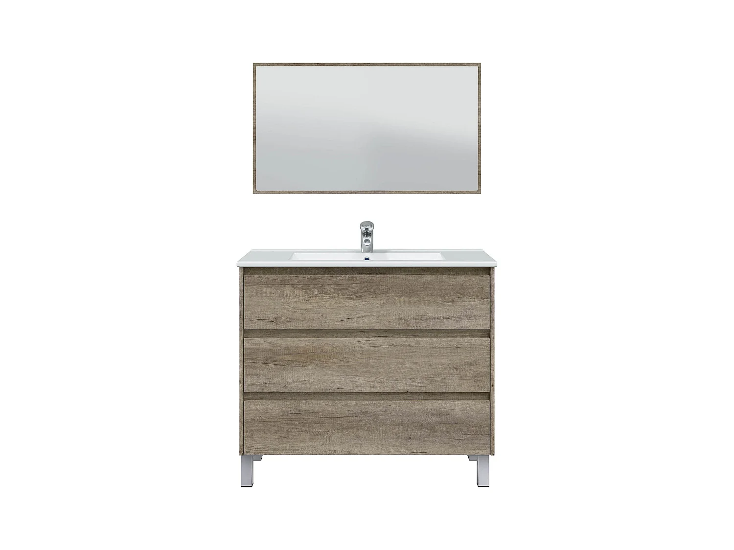 Mueble de Baño con 3 Cajones, Patas y Espejo, Modulo Lavabo con Acabado en Nordik - Dim: 100 cm (Ancho) x 86 cm (Alto) x 45 cm (Fondo)