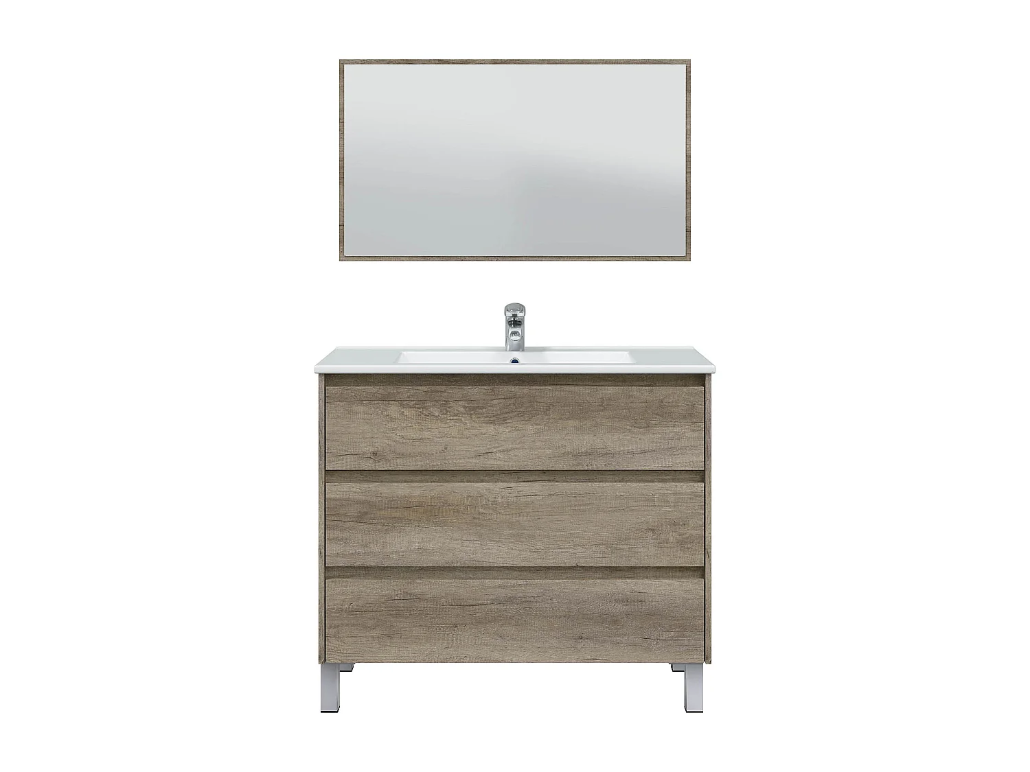 Mueble de Baño con 3 Cajones, Patas y Espejo, Modulo Lavabo con Acabado en Nordik - Dim: 100 cm (Ancho) x 86 cm (Alto) x 45 cm (Fondo)