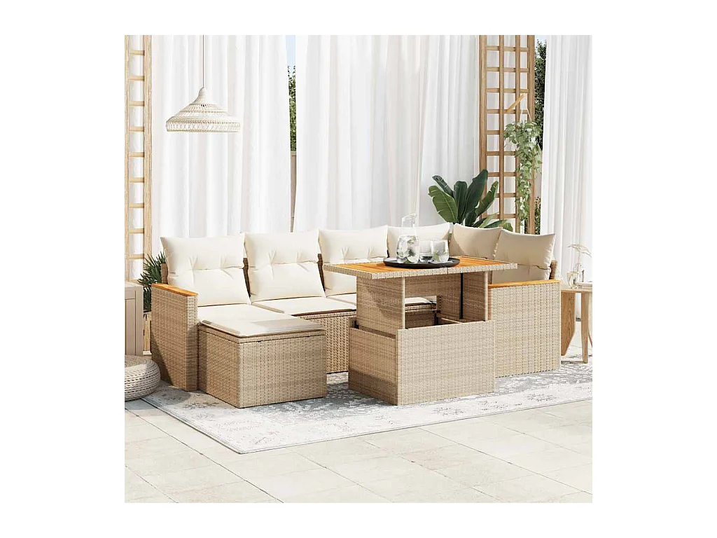 Salon de jardin avec coussins 7 pcs beige résine tressée acacia
