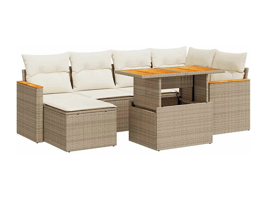 Salon de jardin avec coussins 7 pcs beige résine tressée acacia