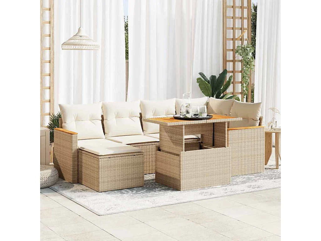 Salon de jardin avec coussins 7 pcs beige résine tressée acacia