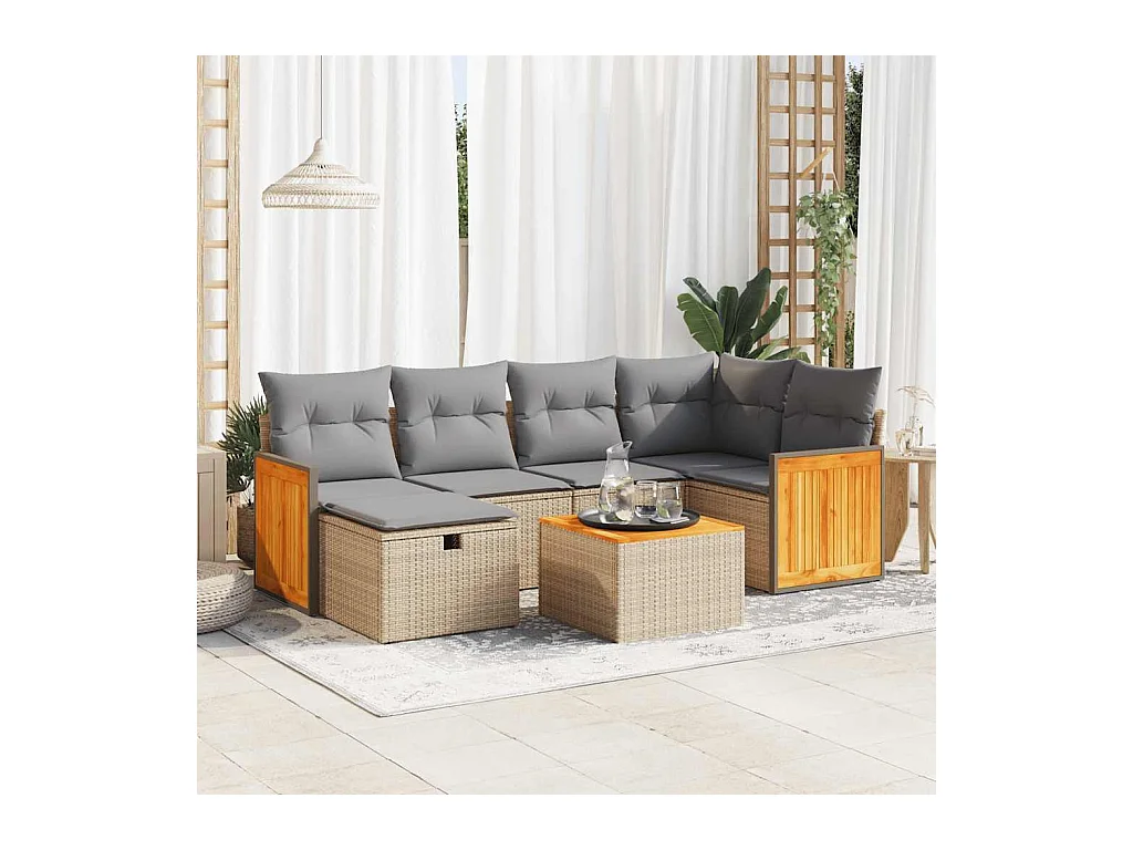 7-delige Loungeset met kussens poly rattan beige