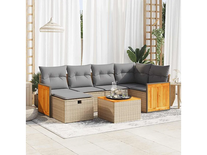 Set Divani da Giardino 7 pz con Cuscini Beige in Polyrattan