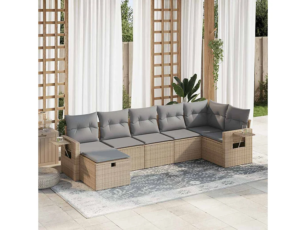 Salon de jardin avec coussins 7 pcs beige résine tressée