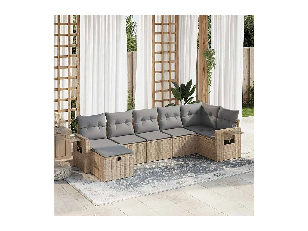 Salon de jardin avec coussins 7 pcs beige résine tressée