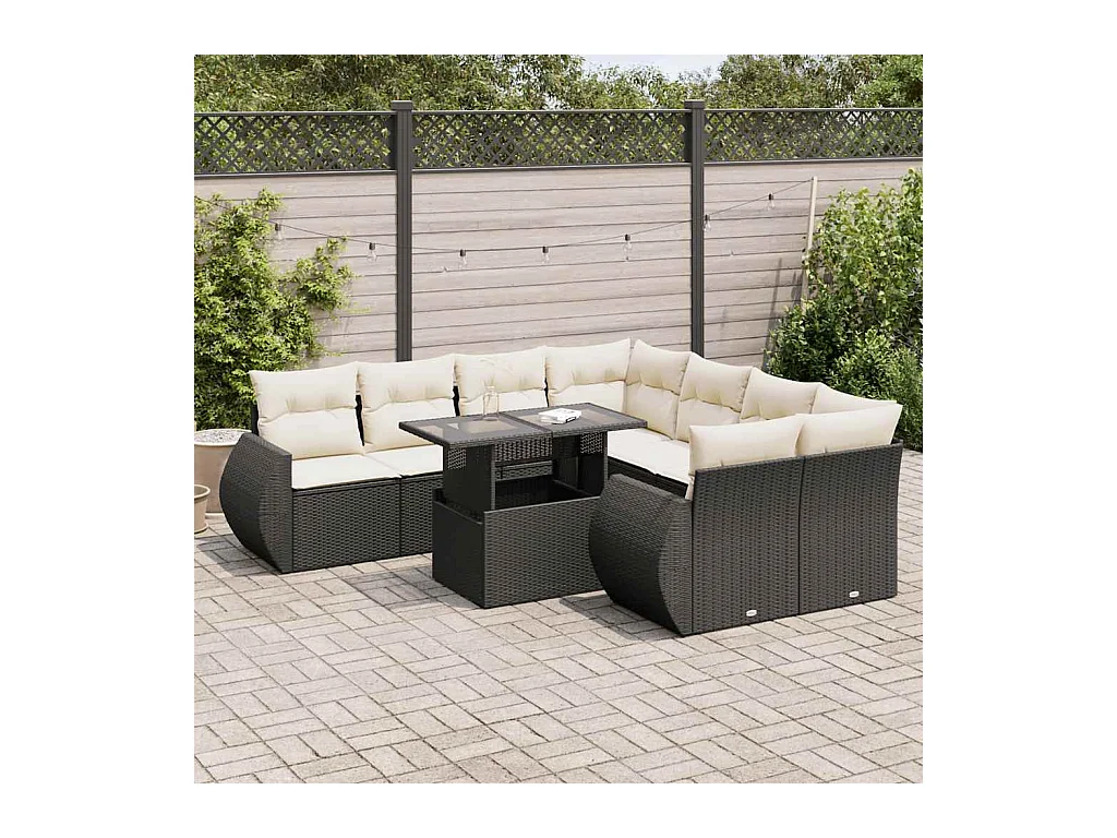 Set Divani da Giardino 9 pz con Cuscini Nero in Polyrattan