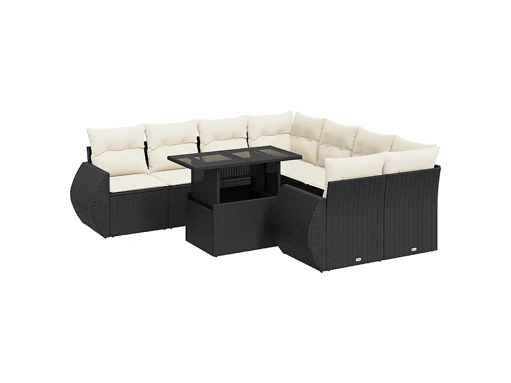 9-tlg. Garten-Sofagarnitur mit Kissen Schwarz Poly Rattan