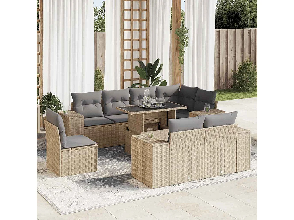 Salon de jardin avec coussins 9 pcs beige résine tressée