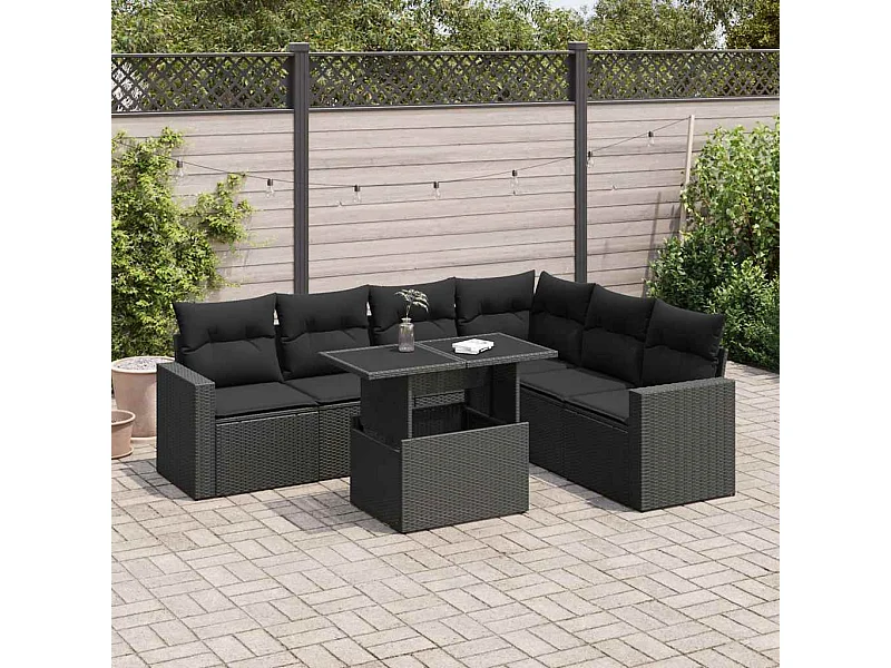 7-tlg. Garten-Sofagarnitur mit Kissen Schwarz Poly Rattan