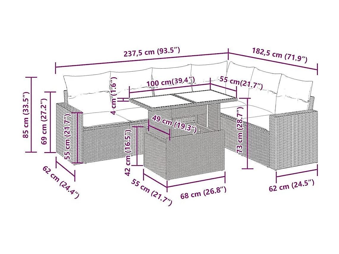 7-delige Loungeset met kussens poly rattan zwart