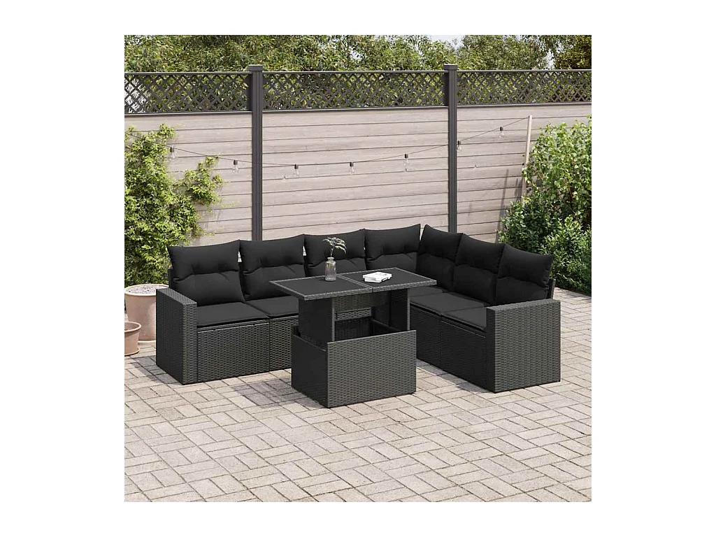 Salon de jardin 7 pcs avec coussins noir résine tressée
