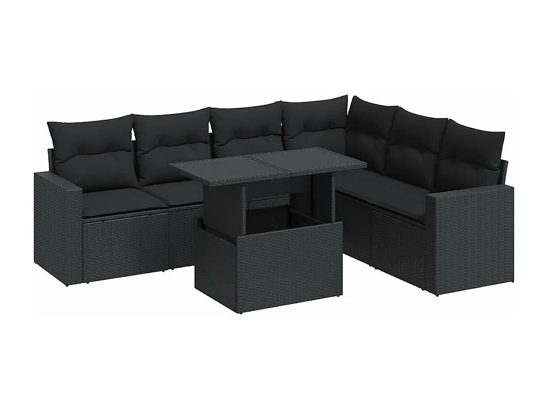 7-tlg. Garten-Sofagarnitur mit Kissen Schwarz Poly Rattan