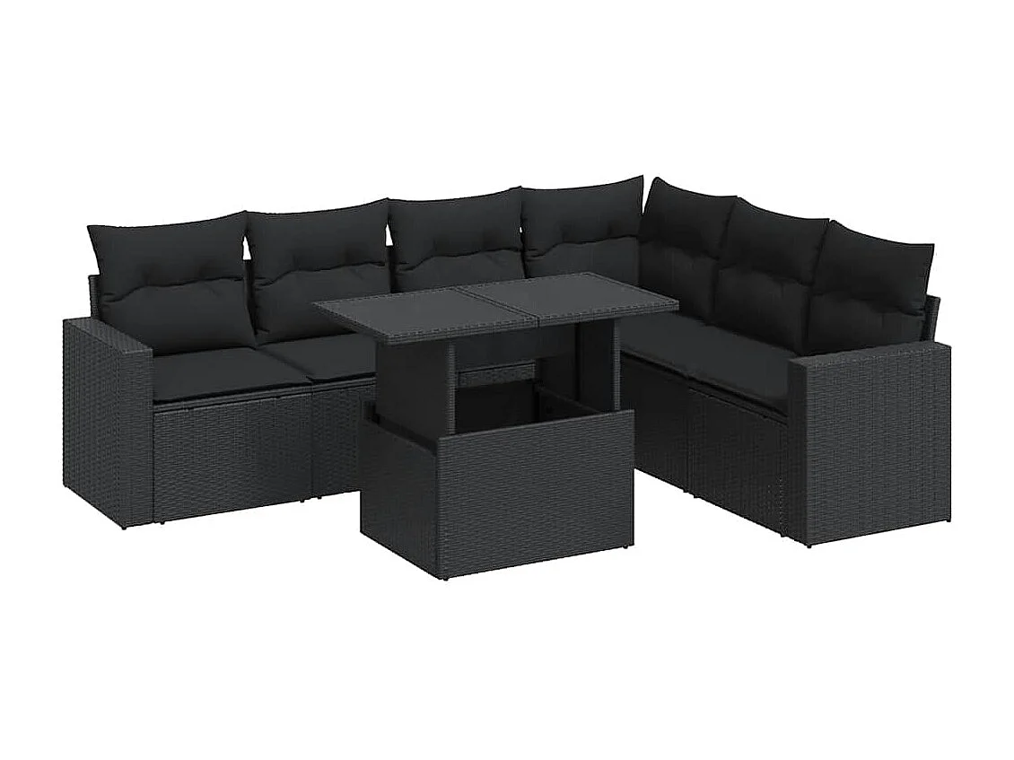 7 pcs conjunto de sofás p/ jardim c/ almofadões vime PE preto