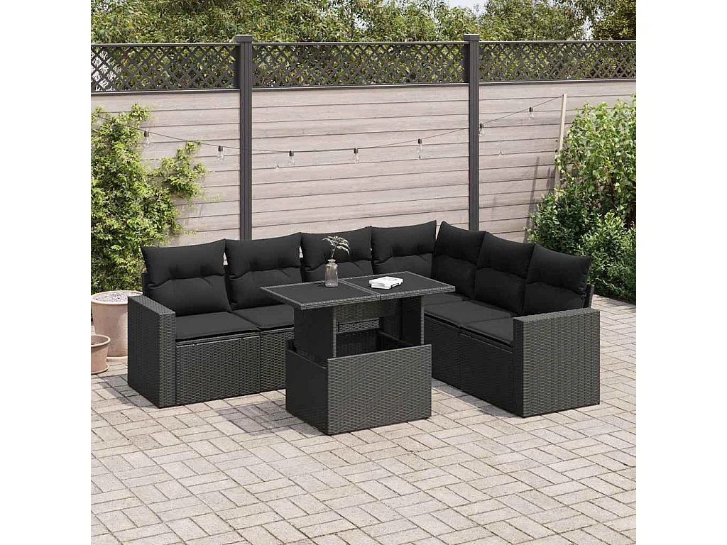7 pcs conjunto de sofás p/ jardim c/ almofadões vime PE preto