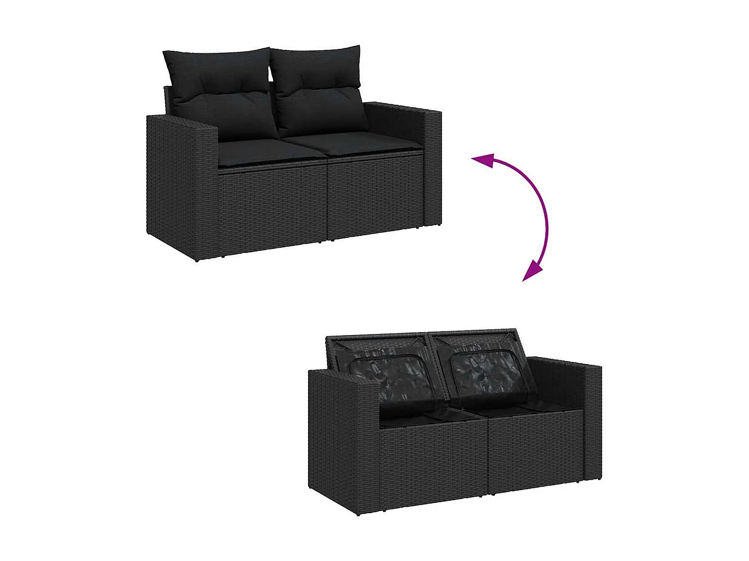 7 pcs conjunto de sofás p/ jardim c/ almofadões vime PE preto
