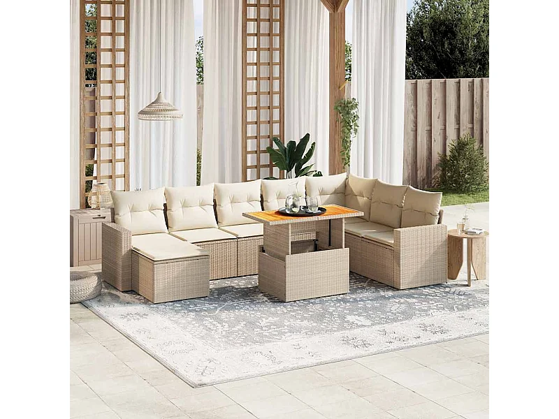 9-tlg. Garten-Sofagarnitur mit Kissen Beige Poly Rattan